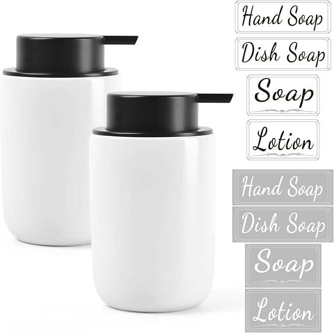 BosilunLife White Soap Dispenser Set - 2 Pack 12oz Ceramic Dish Soap Dispenser with Rust Proof Pump for Kitchen, Hand Soap and Lotion Set Suitable for Farmhouse Bathroom Decor with Waterproof Labels