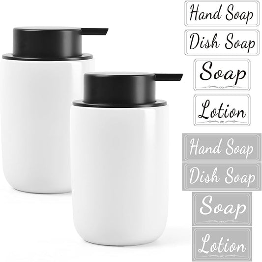 BosilunLife White Soap Dispenser Set - 2 Pack 12oz Ceramic Dish Soap Dispenser with Rust Proof Pump for Kitchen, Hand Soap and Lotion Set Suitable for Farmhouse Bathroom Decor with Waterproof Labels