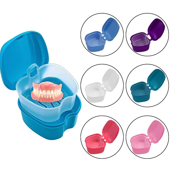 2pcs Denture Bath Retainer Case, Dentaure Cups for Soaking Dentures with Strainer Basket Tray,Compact and Pportable Design, Suitable for Traveling (Lake Blue+Pink)