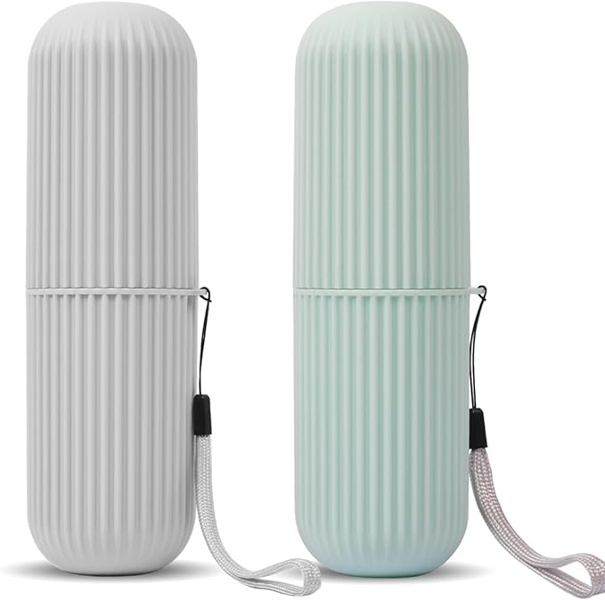 UCEC Toothbrush Cup, Portable Travel Toothbrush Holder Case, Toothbrush Case Set for Camping, Traveling, Home, School, Business, Bathroom, 2 Pack (Green, Grey)