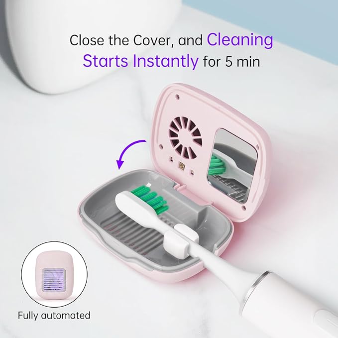 Toothbrush Holder, Toothbrush Cleaner Case, Portable USB Charging Toothbrush Cover with U V-C Light, Travel Toothbrush Holder (Pink-Fan)