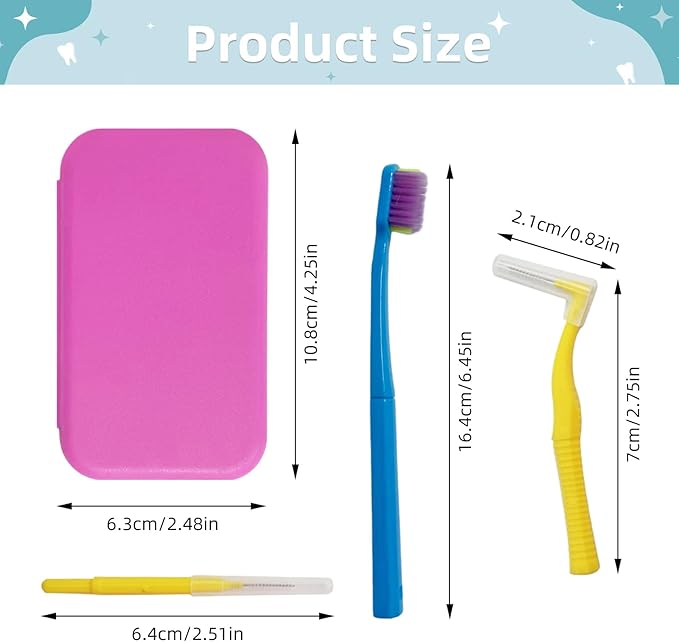 3-Pack Dental Care Kit - Angled Orthodontic Toothbrush, Interdental Brush, and Standard Toothbrush with Travel Case, Soft Bristles for Braces and Teeth Cleaning