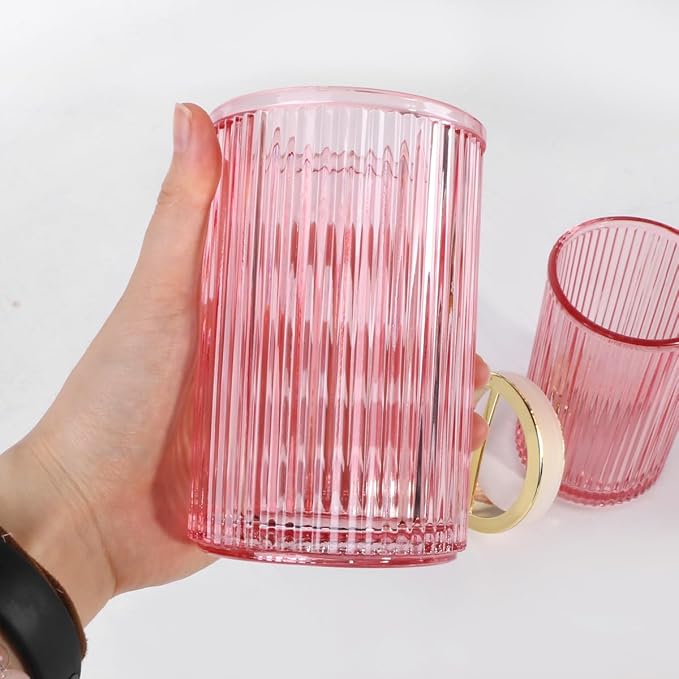 Pink Toothbrush Holders for Bathrooms, 2pcs Glass Toothbrush Holder, 12oz Gold Bathroom Tumbler Cup and Mouthwash Cup, Tooth Brush Cups and Toothpaste Organizer for Bathroom Countertop Decor