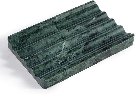 Marble Soap Dish, Soap Holder for Shower, Green Bar Soap Holder with Water Ripple Design, Easy Cleaning Stone Soap Saver for Kitchen Sink，Bathroom, Executive Indian Natural Stone Soap Tray