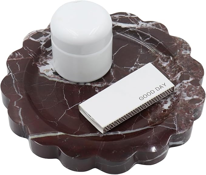 Round Marble Decorative Tray with Scalloped Edge, Luxury Natural Stone Bathroom Vanity Tray, Dresser Top Perfume Coffee Home Kitchen Sink Tray, Key Trinket Ring