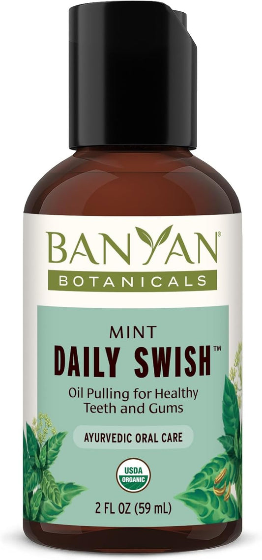 Banyan Botanicals Mint Daily Swish – Organic Ayurvedic Pulling Oil with Coconut Oil – Mouthwash for Fresh Breath and Sparkling Oral Health* – 2 oz – Non GMO Sustainably Sourced Vegan