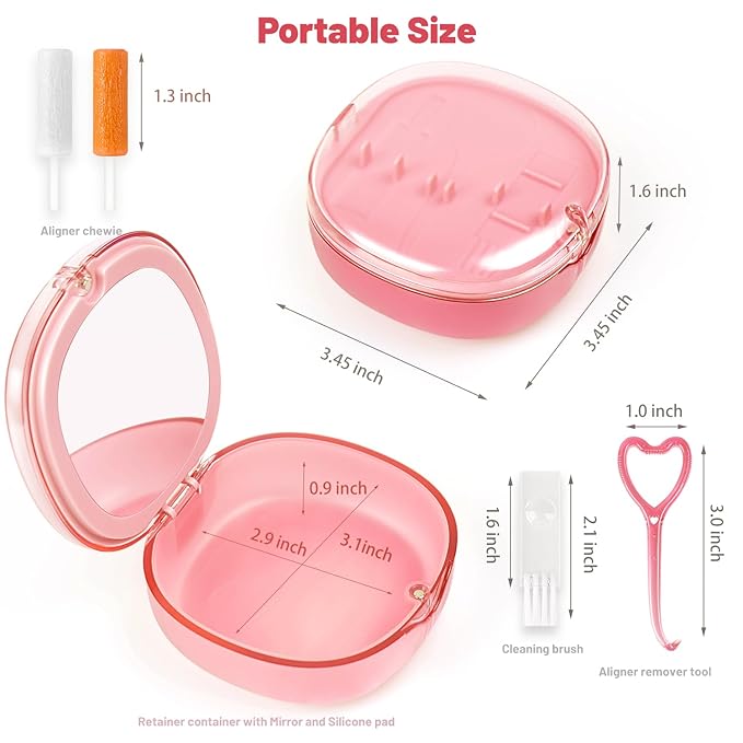 Retainer Case, Aligner Cases for Invisalign, Retainer Holder Case with Removal Tools& Aligners Chewies & Brush, Removable Inner Tray Silicone for Easy Cleaning - Pink