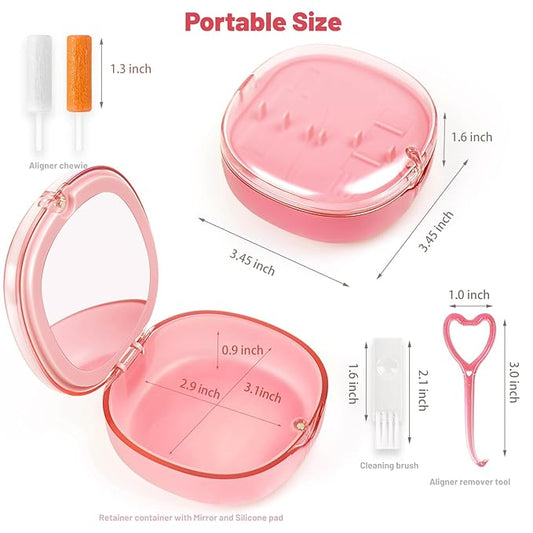 Retainer Case, Aligner Cases for Invisalign, Retainer Holder Case with Removal Tools& Aligners Chewies & Brush, Removable Inner Tray Silicone for Easy Cleaning - Pink