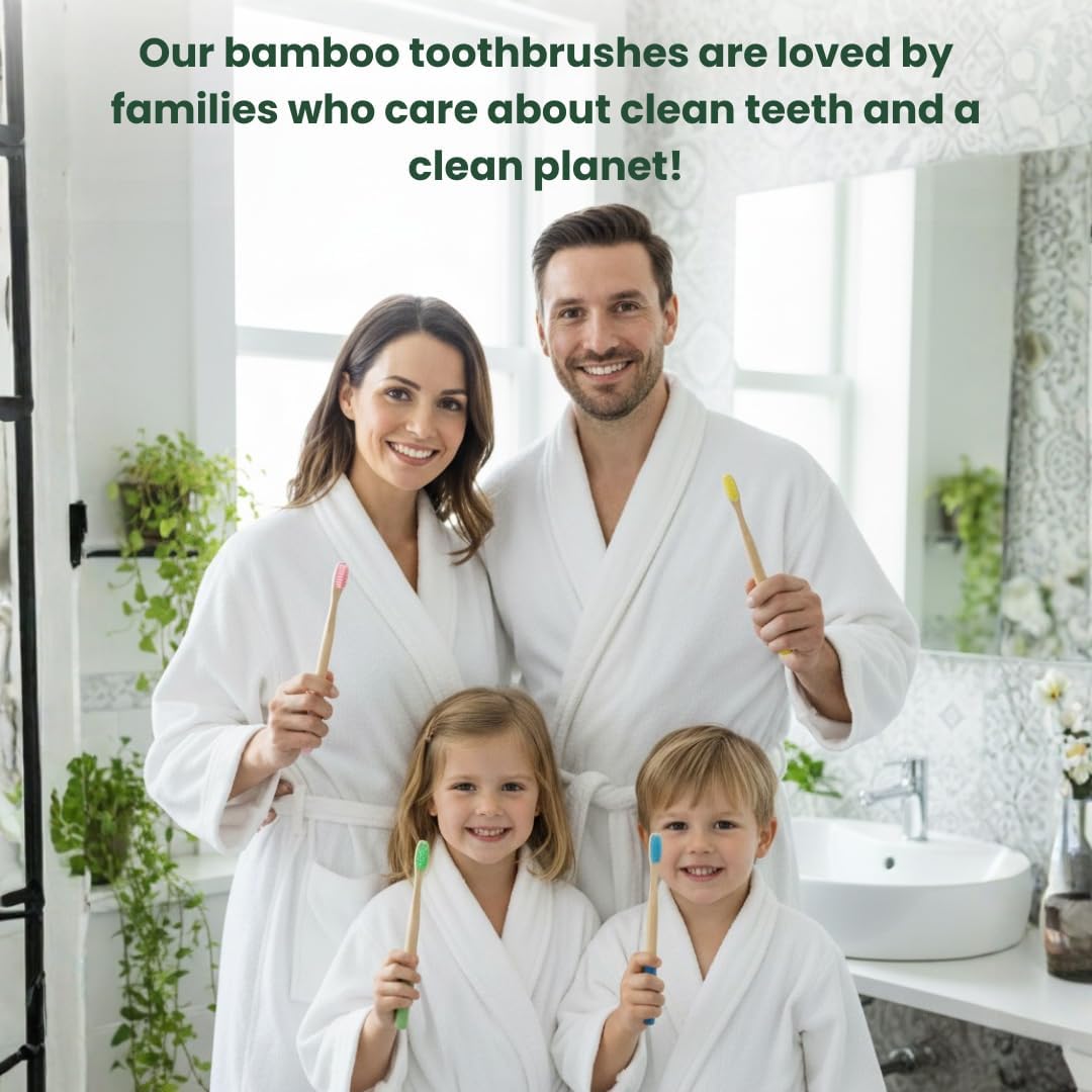Bamboo Toothbrush Soft Bristles 4 Pack – Eco-Friendly, Natural Wooden Handle, BPA-Free, Vegan, Biodegradable, Plastic-Free Packaging, Family Set