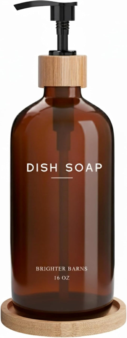 Amber Glass Dish Soap Dispenser for Kitchen Sink by Brighter Barns - Kitchen Soap Dispenser Set with Tray - Glass Bottle with Pump for Liquid - Boho Home Decor and Accessories for Restaurant (Amber)