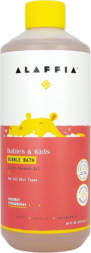 Alaffia Babies and Kids Bubble Bath, Gentle Bath Essentials for Delicate Skin, Plant-Based Formula That is Paraben & Sulfate-Free, Vegan, Calming with Long-Lasting Bubbles, Coconut Strawberry 16 Fl Oz