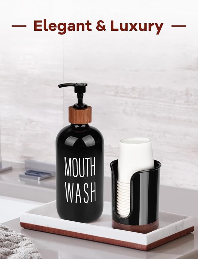 Premium Bathroom Cup Dispenser - Compact Cup Holder for Dixie Cups 3 oz Cups, 3 4 Ounce Mouthwash Cup Dispenser - PC/Walnut,Black, Pack of 2