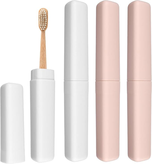 uxcell 4Pcs Travel Toothbrush Case, 8.27 x 1.38 Portable Travel Toothbrush Holder, Plastic Toothpaste Container for Bathroom, Gym, Business Trip, Camping, Pink/Beige