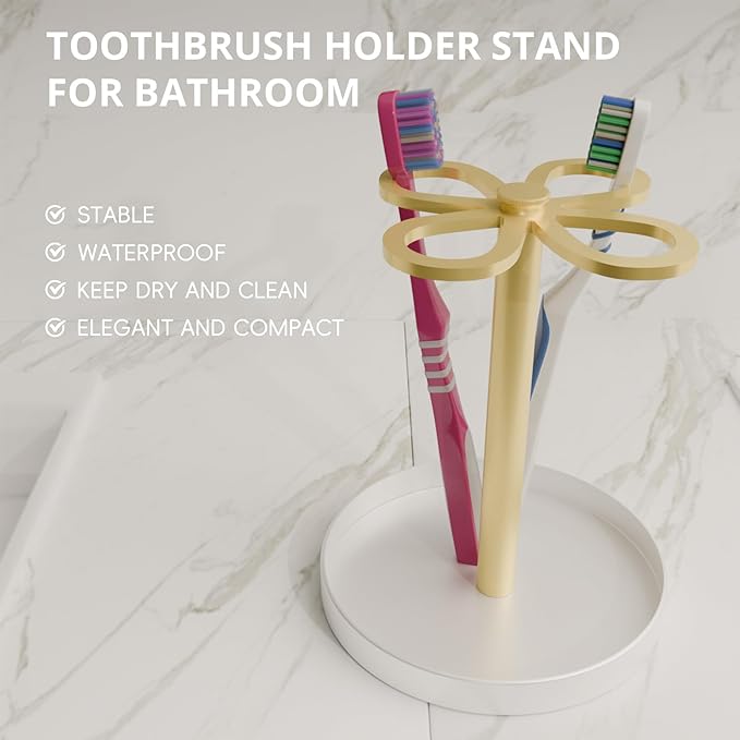 Metal Toothbrush Holders for Bathroom with 4 Slot Gold and White Tooth Brush Holder Stand and Non-Slip Base， Countertop Organizer for Family and Hotel，Compact Design