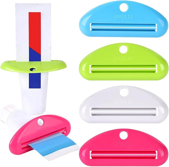 LOVEINUSA Toothpaste Tube Squeezer Dispenser, 4PCS Hanging Tooth Paste Clips Roller Squeezer Holder for Saving Toothpaste Facial Cleanser Creams Paint, Multicolor