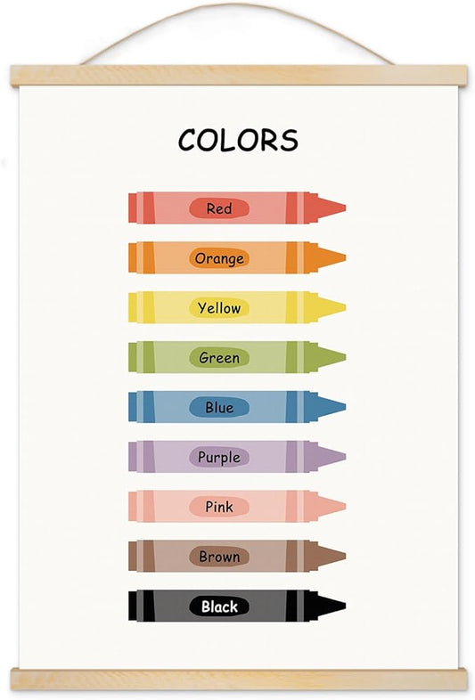 YOUHONG Educational Art Classroom Decor Color Poster - 12x15.7 Inch Kids Wall Art with Wooden Rods - Preschool Classroom Decor Learning Educational Posters for Toddlers (Easy Hang Rope Included)