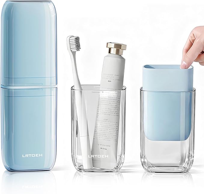 Toothbrush Travel Cup, 4-in-1 Toothbrush Holders with Cover, Portable Tooth Brush Travel Case for Family, Multi-Function Travels Cup, Toothpaste Storage Container (Blue)
