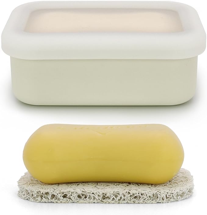 Compact Leakproof Travel Soap Case, Shatterproof Silicone Travel Soap Container with Draining Pad, Great for Outdoor, Camping, Gym (Off-White)