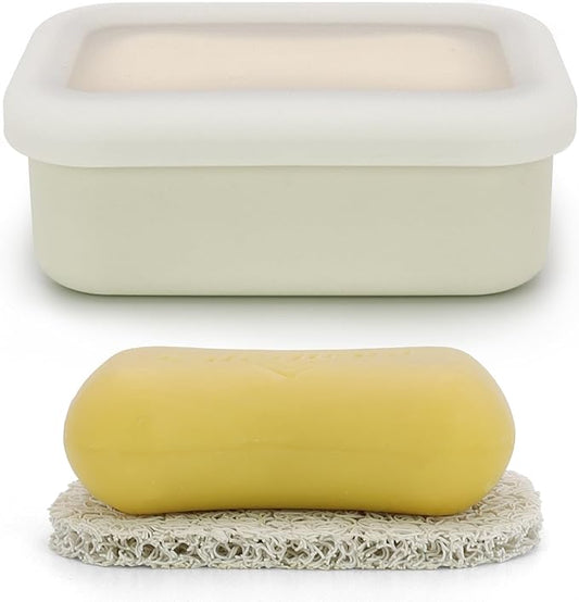 Compact Leakproof Travel Soap Case, Shatterproof Silicone Travel Soap Container with Draining Pad, Great for Outdoor, Camping, Gym (Off-White)