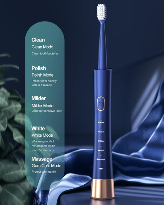 IPX7 Waterproof Sonicare Electric Toothbrush, 2-Hour Fast Charge with Intelligent Time Reminder, 5 Modes, 8 Brush Heads, Travel, Indoor, Outdoor, Blue