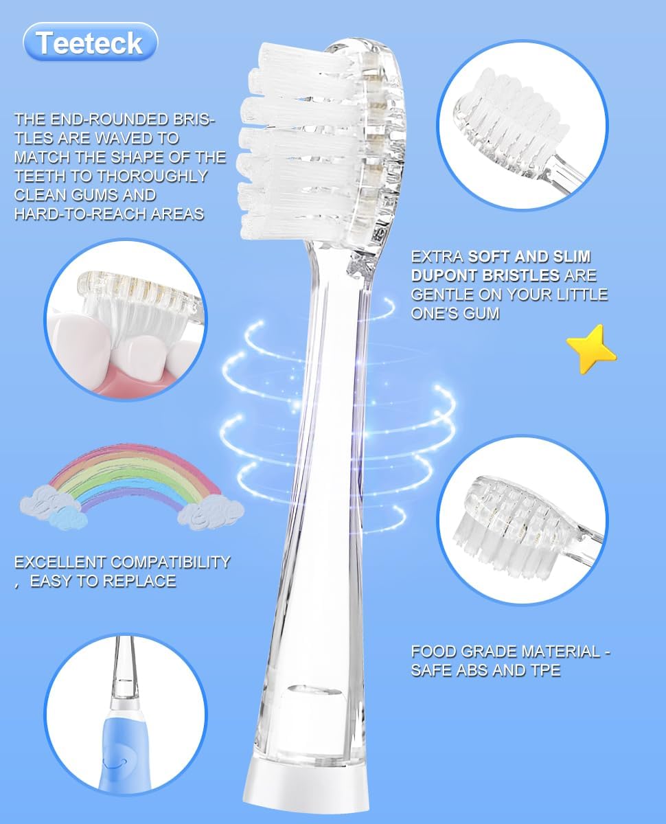 Teeteck 5 Pack Kids Toothbrush Replacement Heads Compatible with SEAGO SG513/SG977/SGEK6, DadaTech DT-K6/DT-BB1/DT-977, Brush-Baby WildOnes(Ages 18-36 Months/Transparent)