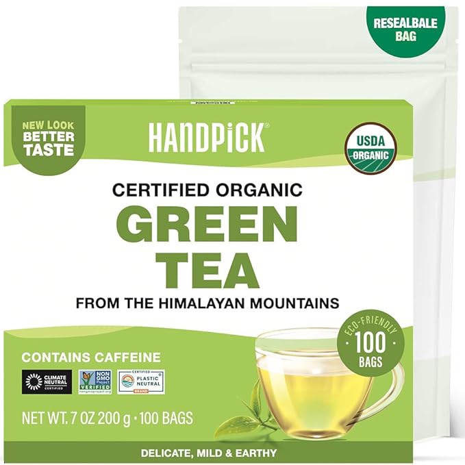 HANDPICK, Organic Green Tea Bags - 100 Eco-Friendly Tea Bags | USDA Organic | Resealable Pack for Freshness | Delicate & Flavory | Direct From India