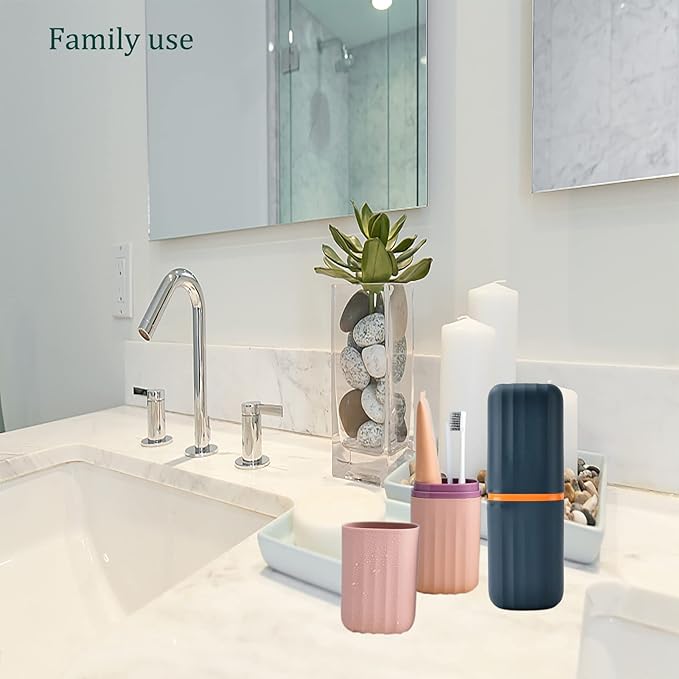 2Pcs Travel Toothbrush Cup Case, Portable Toothbrush Holder Case for Traveling, Camping, Business Trip and School, Plastic Toothbrushes Toothpaste Set with Two Colors (Navy blue and Lotus color)