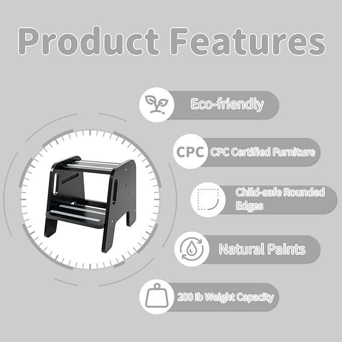 WOOD CITY Toddler Step Stool, Wooden 2 Step Stools for Bathroom Sink Potty Training Kitchen Dual Height Stool Helper for Kids Bonus Non-Slip Pads and Handles for Safety （Black）