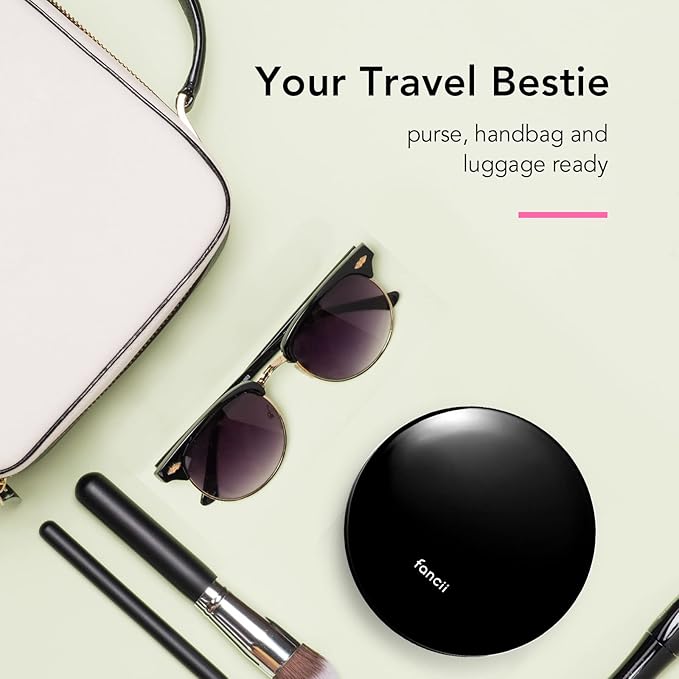 Fancii Taylor LED Lighted Travel Makeup Mirror, Rechargeable with 10x/1x Magnifying & 3 Light Settings - Compact, Portable, Large 5” Wide Hand Mirror for Handbag and Purses (Black)