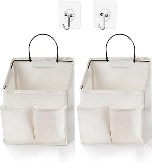 2 Pack Wall Hanging Storage Basket,Wall Hanging Organizer Bags with Pockets, Wall organizer Storage for Dormitory Bathroom Bedroom Kitchen(White-upgraded)