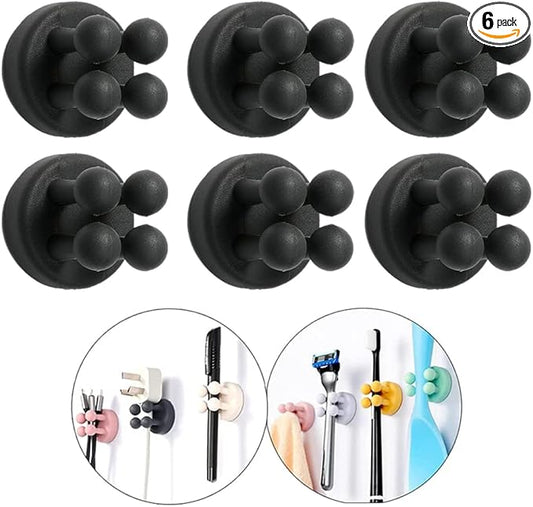 Silicone Toothbrush Holders - 6Pcs Razor Hooks Adhesive Wall Mounted for Hanging Towel Key Plug Cable, Utility Decor Stick to Dorm Room Door Function for Kitchen Bathroom Home Office, Black