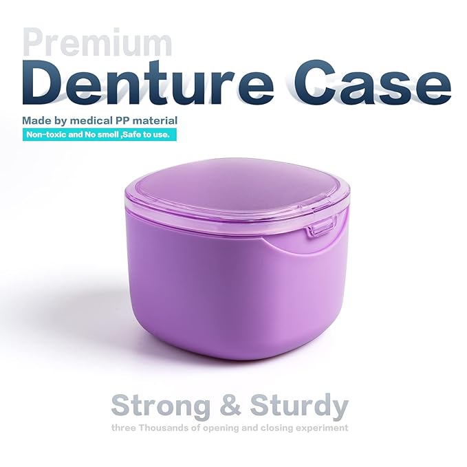 Upgraded Denture Bath Box Cup, No-Leak Denture case, Retainer Cleaning Box, Complete Clean Care for Dentures, Clear Braces, Mouth Guard, Night Guard & Retainers (purple)