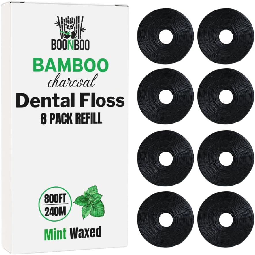 BOONBOO Dental Floss Refill Rolls, Charcoal Woven Thread, 8 Pack, Mint