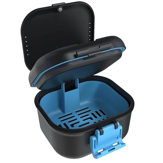 Denture Cleaning Cup with Leak-Proof Design, Double-Layer ABS Case for Soaking and Storing Dentures, Compact Travel Denture Holder with Blue Clasp, Ideal for Home and Travel Use