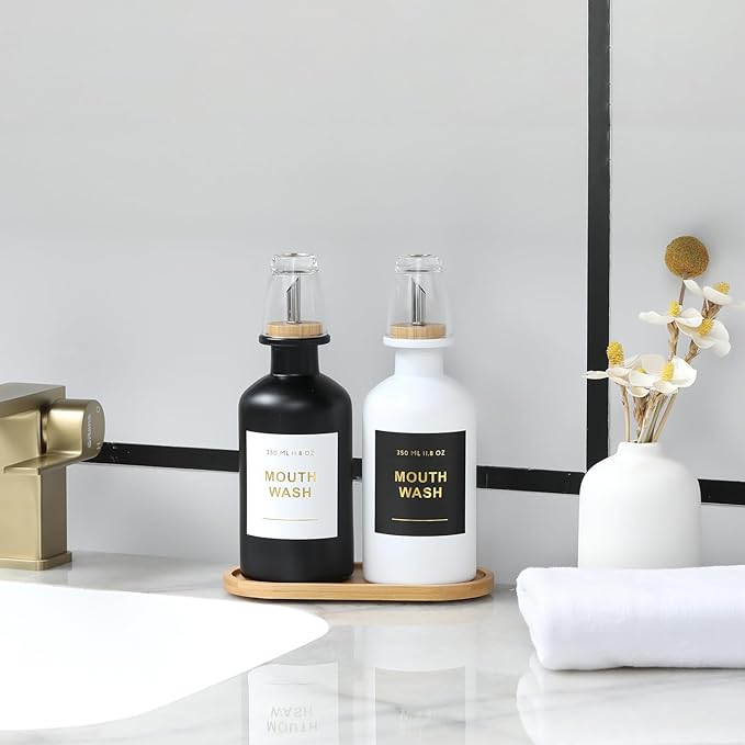 11.8OZ Mouthwash Dispenser for Bathroom with Bamboo & Stainless Steel Pour Spout, Mouthwash Cups Reusable, Bamboo Tray, and Elegant Gold Label. Set of 2（Black/White