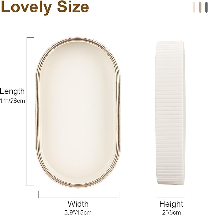 GORESE Oval Vanity Tray Perfume Organizer, PU Leather Valet Jewelry Trays Nightstand Organizer Key Bowl Trinket Dish for Entryway Dresser Bedside, Catchall Trays for Men Women, 11×5.9 in, Cream White