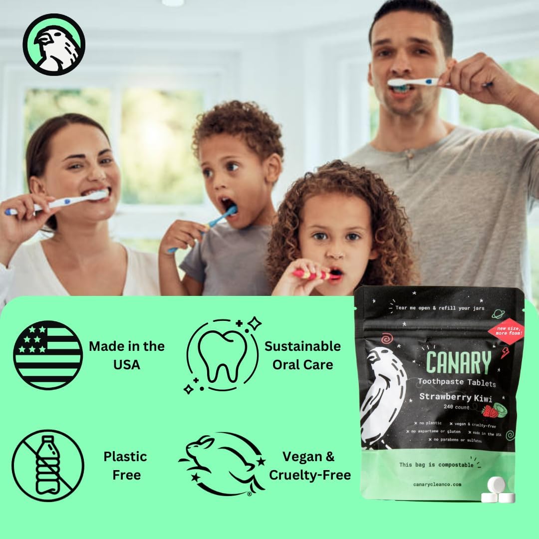Canary Nano Hydroxyapatite Toothpaste Tablets Strawberry Kiwi - Remineralizing, Fluoride Free, All Natural Tabs with Xylitol - Great for Kids, Plastic Free - 240 Count