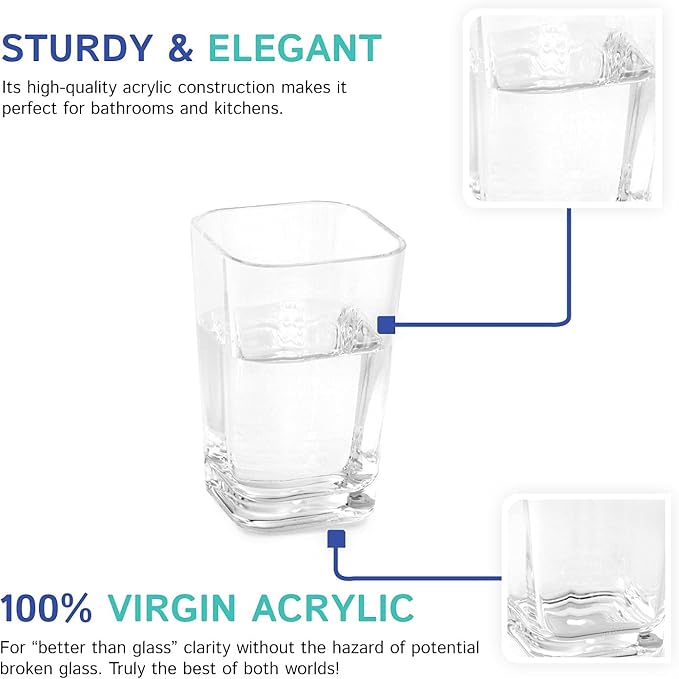 Huang Acrylic Clear Square Toothbrush Holder or Bathroom Tumbler Cup | Shatter-Proof, Stylish, Durable and Modern Minimalist Design