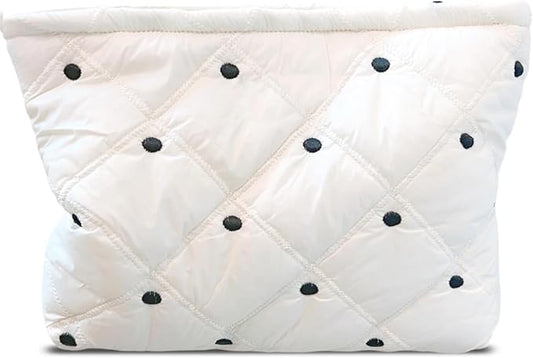 HAPPYHEIDI Aesthetic Quilted Makeup Bag Cosmetic Travel Pouch Purse Organizer, Canvas Lined, Cute Embroidery Diamond Dots Creamy White Silky Polyester
