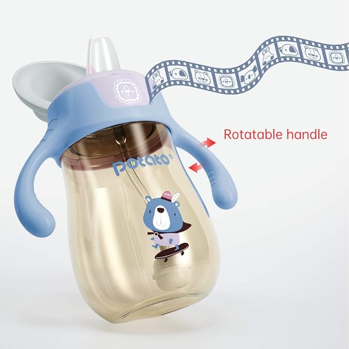 POTATO Sippy Cups for Toddlers with Straw Spill Proof, PPSU Learner Cup with Handle for Boy, Water Bottle for Baby 6 Months with 2 Type of Spout, 10 Ounce Blue