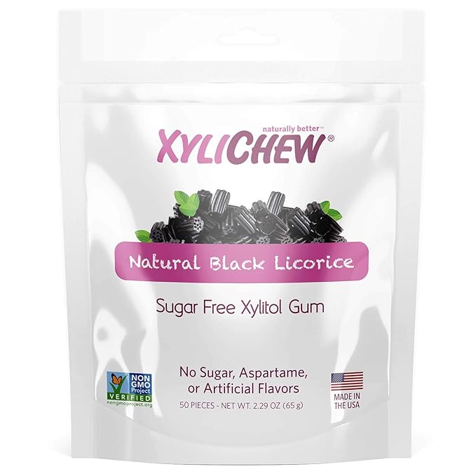 Xylichew 100% Xylitol Chewing Gum - Non GMO, Non Aspartame, Gluten Free, and Sugar Free Gum - Natural Oral Care, Relieves Bad Breath and Dry Mouth - Licorice, 50 Count