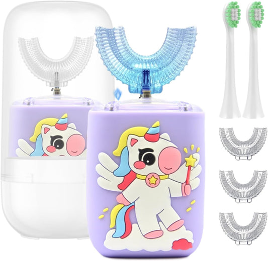 Kids Electric Toothbrush, U Shaped Toothbrush Kids Sonic Automatic Brush with Cup 5 Brush Head 6 Sonic Clean Modes IPX7 Waterproof Unicorn Design Rechargeable Smart Timer for Children 8-14
