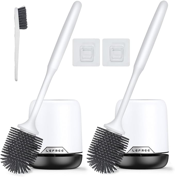 Lefree 2 Pack Silicone Toilet Brush,Rubber Toilet Bowl Brush and Holder Set with Ventilated Holder, Toilet Cleaner Brush for Bathroom,Floor Standing & Wall Mounted Toilet Scrubber Without Drilling