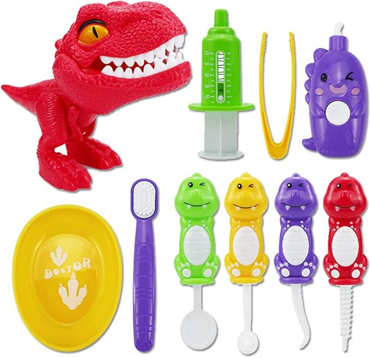 10PCS Plastic Dinosaur Simulation Dentist Play Set Animation Medical Kit Pretend Toy for Kids Hygienic Habbit Cultivation Role Play Game for Children 5 models 4 colors OPP Bag Packaging (Mixed Colors)