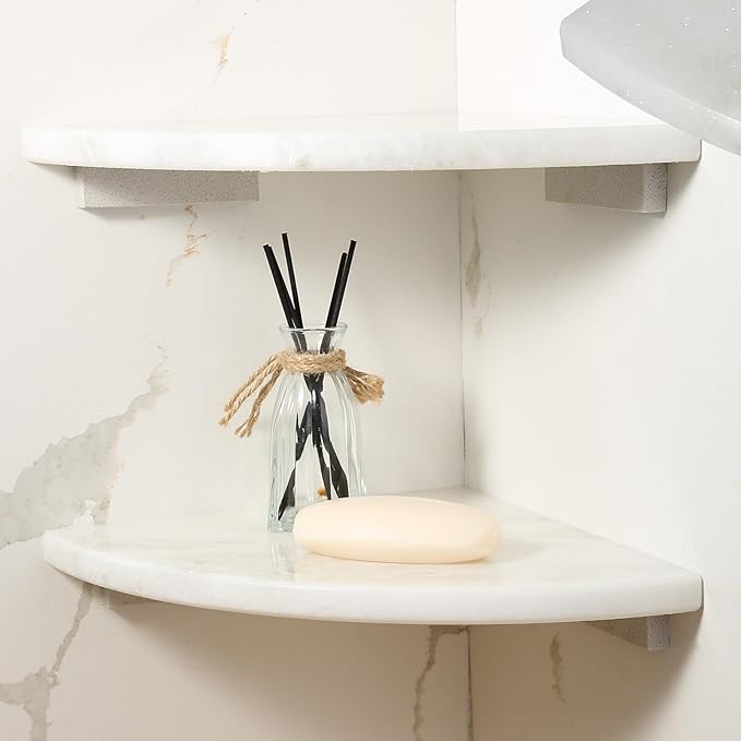 Koville 2 Pcs White Marble Corner Shower Shelves for Bathroom, 10'' Polished Marble Corner Shelves, Wall Mounted Stone Corner Shower Caddy, No Drilling Adhesive Shower Shelf - Namib Fantasy