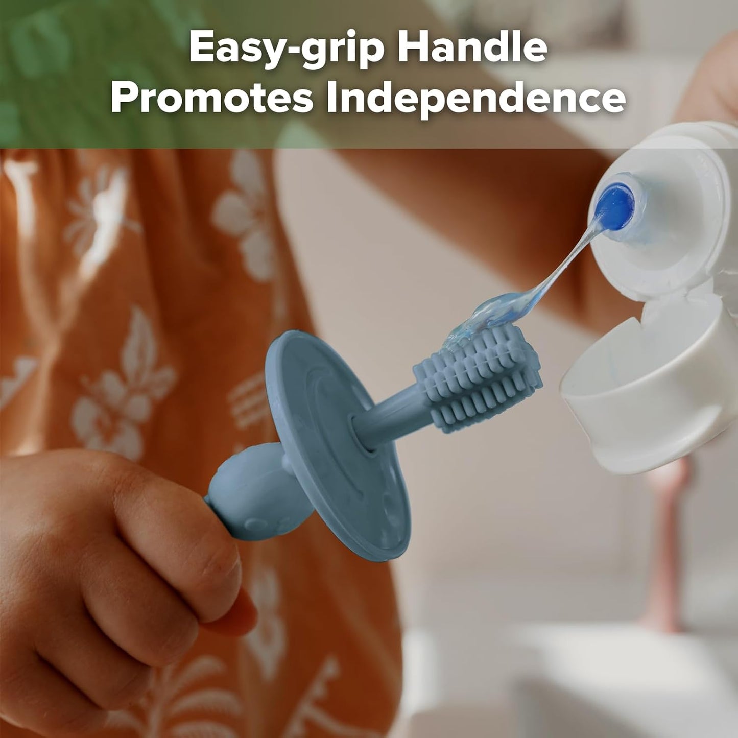 haakaa 360° Baby Toothbrush with Suction Base - Gentle Cleaning for Toddler's Self-Brushing Training, Food-Grade Silicone, Adjustable Safety Shield - Sky Blue (1 Piece)