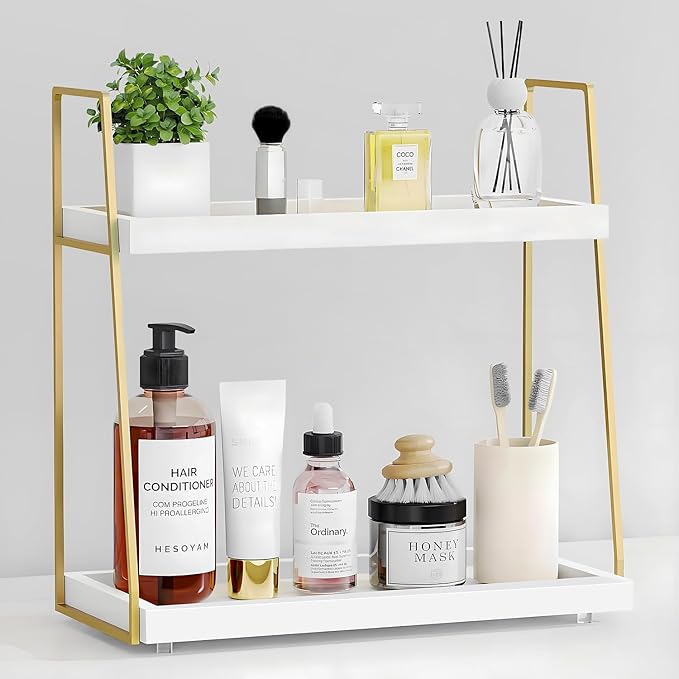 Bathroom Countertop Organizer, Counter Organizer for Modern Farmhouse Decor, Wooden Vanity Shelf for Makeup Storage, 2 Tier Stand Bathroom Tray for Perfume, Lotion Bottle, Toiletries, Plants