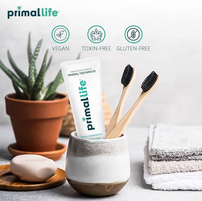 Primal Life Organics Premium Dirty Mouth Mineral Toothpaste - Nano-Hydroxyapatite, Colloidal Silver, Charcoal - Organic, All Natural Whitening Formula (Spearmint Flavor, 4 Oz)
