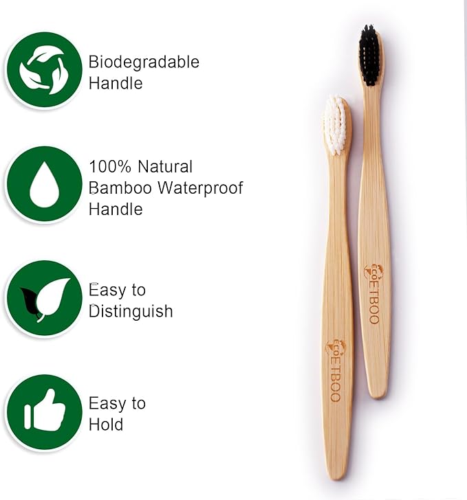 Bamboo Toothbrushes Medium Bristles for Adult, 10 Pack Family Bulk Toothbrushes Set Natural Organic Wooden Tooth Brush Charcoal Wood Handle Tooth Cleaning Brush Black White