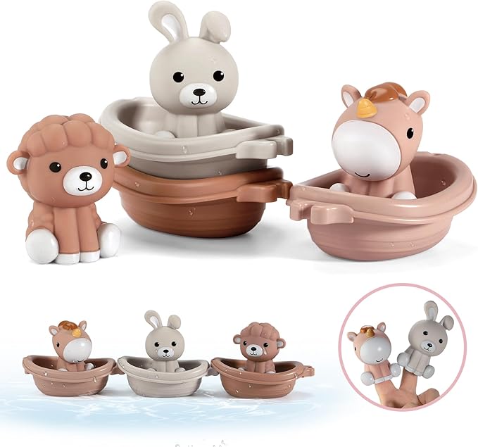 Nueplay Bathtub Toys for Toddlers 18M+，Baby Bath Toys with Animal Finger Puppets，Stackable Boat Train，Gift for Baby & Toddlers Set of 6